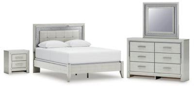 Zyniden Queen Americana Cama Tapizada con Paneles, Cómoda, Espejo y Mesa de Noche