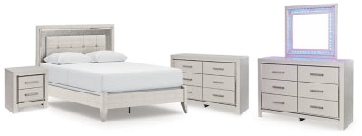 Zyniden Queen Americana Cama Tapizada con Paneles, 2 Dressers, Espejo y Mesa de Noche